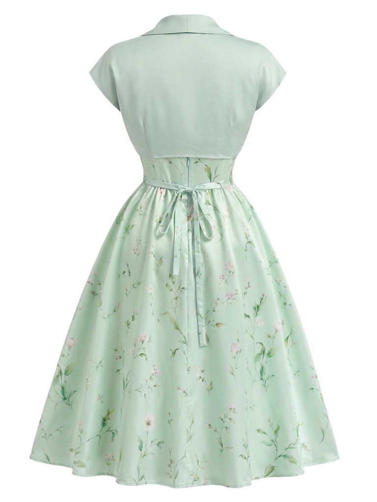 2PCS Abito Verde Anni '40 in Raso Floreale con Scollo a Cuore e Bolero
