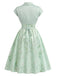 2PCS Abito Verde Anni '40 in Raso Floreale con Scollo a Cuore e Bolero