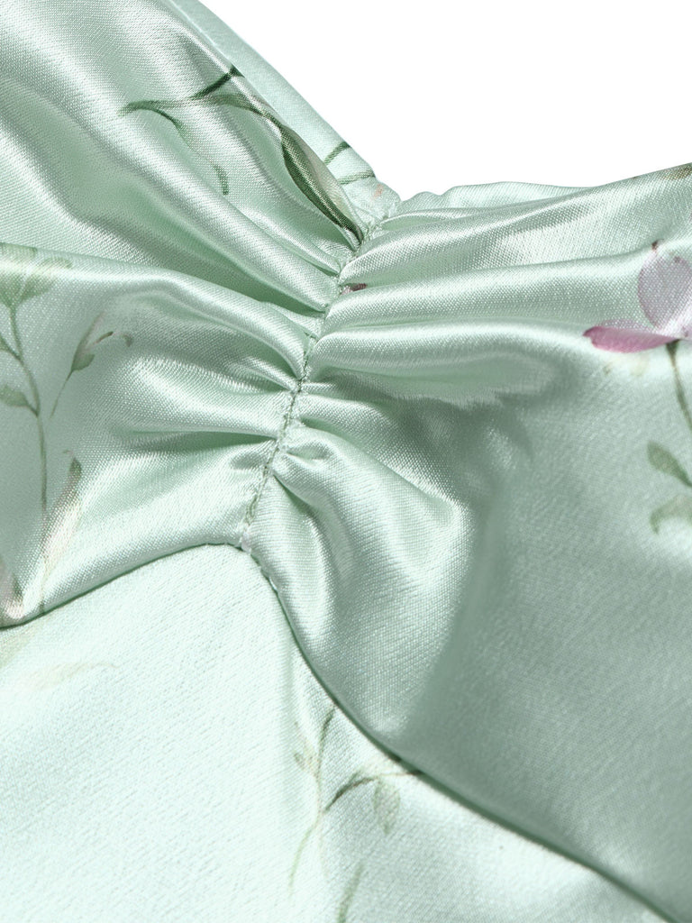 2PCS Abito Verde Anni '40 in Raso Floreale con Scollo a Cuore e Bolero