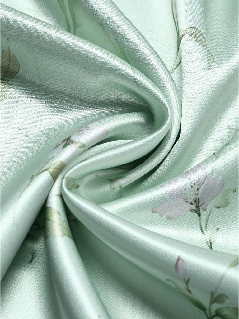 2PCS Abito Verde Anni '40 in Raso Floreale con Scollo a Cuore e Bolero