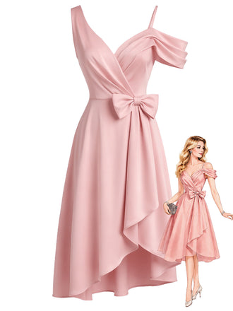 [Prevendita] Abito da cocktail anni '50 rosa monospalla con fiocco e linea A