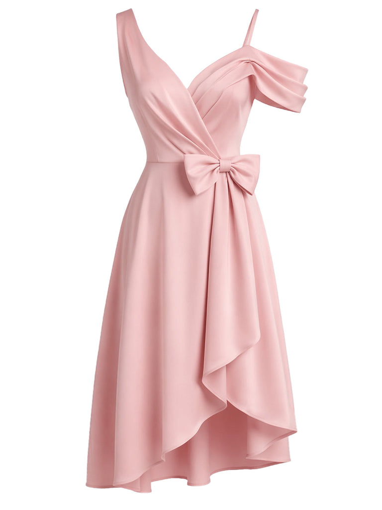 [Prevendita] Abito da cocktail anni '50 rosa monospalla con fiocco e linea A 3