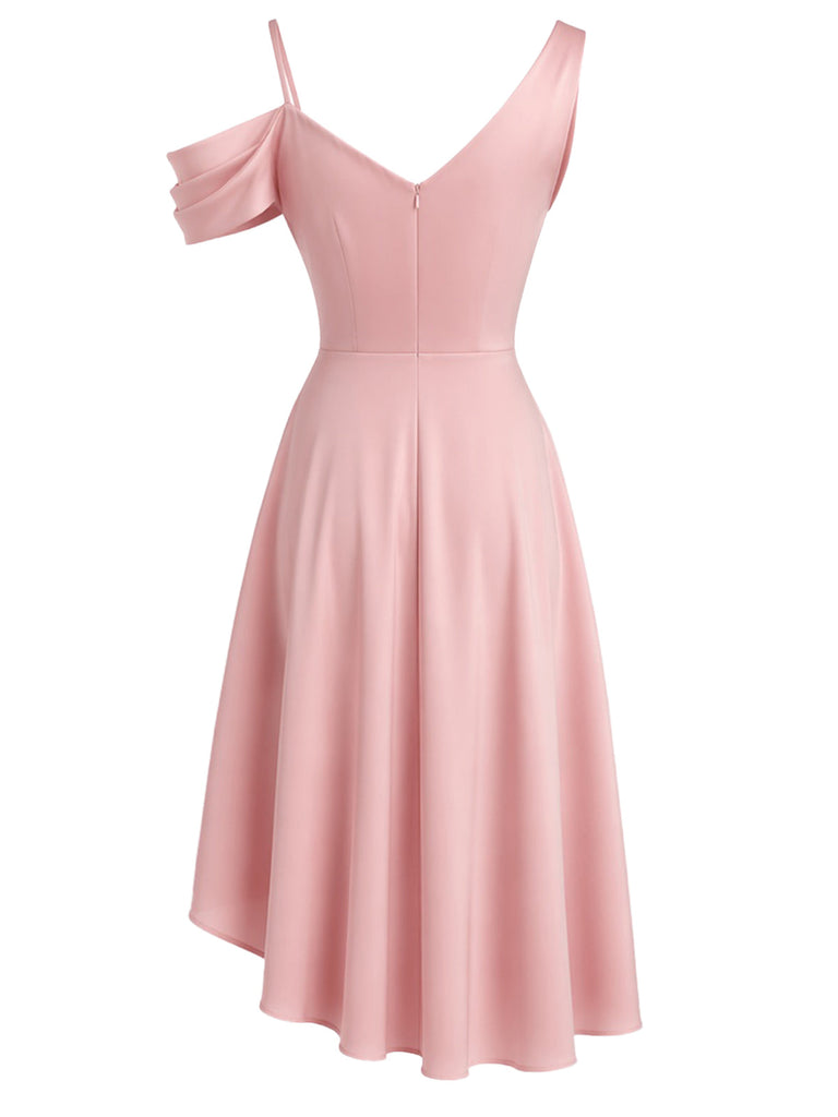 [Prevendita] Abito da cocktail anni '50 rosa monospalla con fiocco e linea A 4