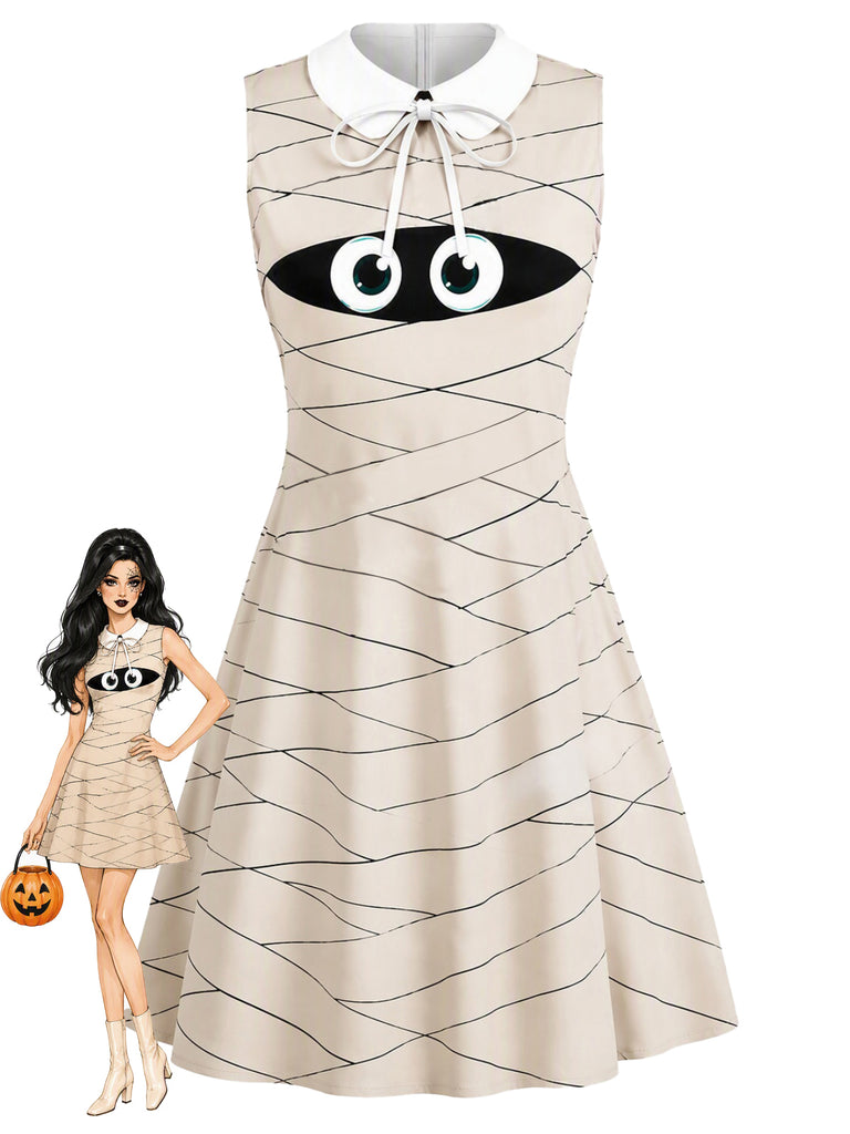 Abito Beige Anni '60 Halloween da Mummia con Colletto Peter Pan