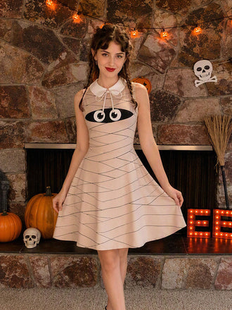 Abito Beige Anni '60 Halloween da Mummia con Colletto Peter Pan