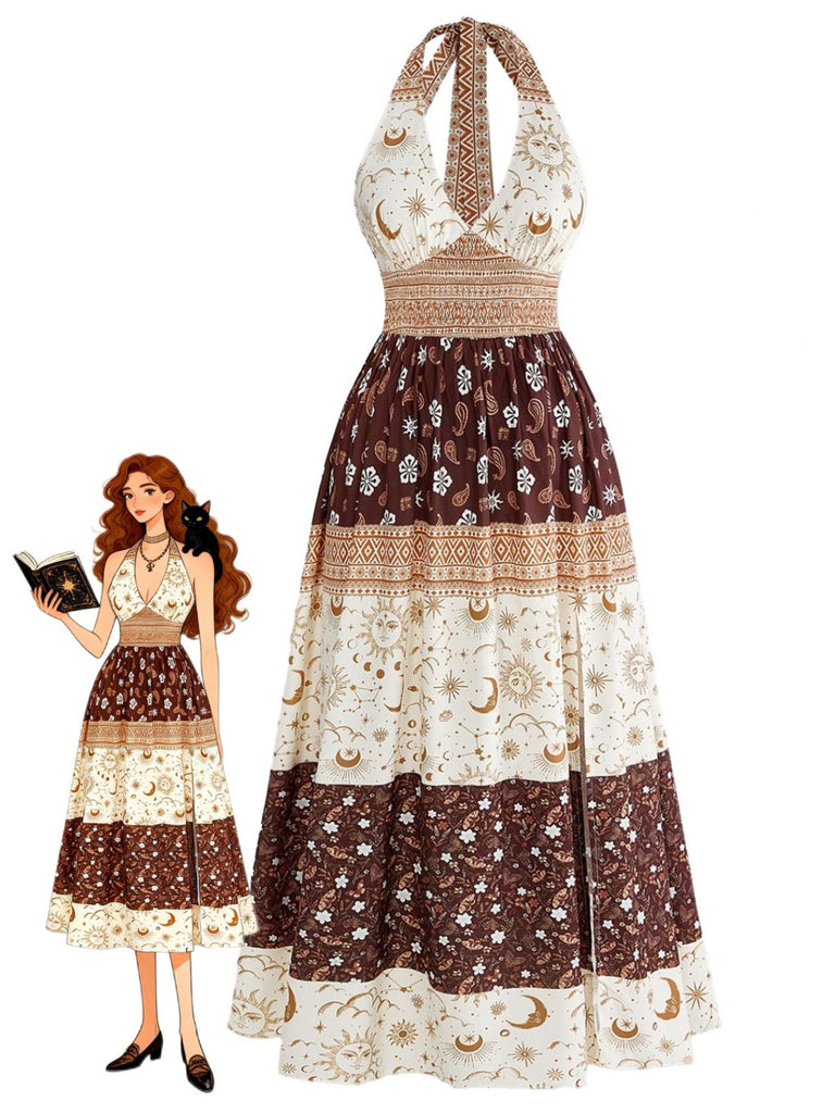 Abito Marrone Anni '70 Boho Floreale con Stelle e Luna Scollo All'americana e Corpino Arricciato