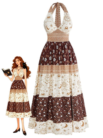 Abito Marrone Anni '70 Boho Floreale con Stelle e Luna Scollo All'americana e Corpino Arricciato