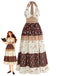 Abito Marrone Anni '70 Boho Floreale con Stelle e Luna Scollo All'americana e Corpino Arricciato