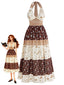 Abito Marrone Anni '70 Boho Floreale con Stelle e Luna Scollo All'americana