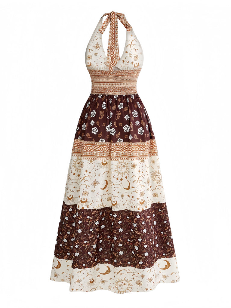 Abito Marrone Anni '70 Boho Floreale con Stelle e Luna Scollo All'americana e Corpino Arricciato 3