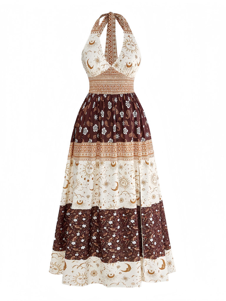 Abito Marrone Anni '70 Boho Floreale con Stelle e Luna Scollo All'americana e Corpino Arricciato 2