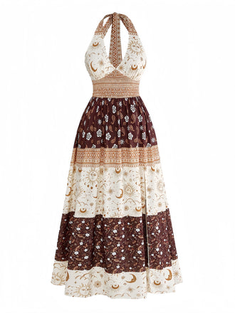 Abito Marrone Anni '70 Boho Floreale con Stelle e Luna Scollo All'americana e Corpino Arricciato 2