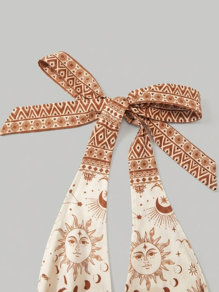 Abito Marrone Anni '70 Boho Floreale con Stelle e Luna Scollo All'americana e Corpino Arricciato 4