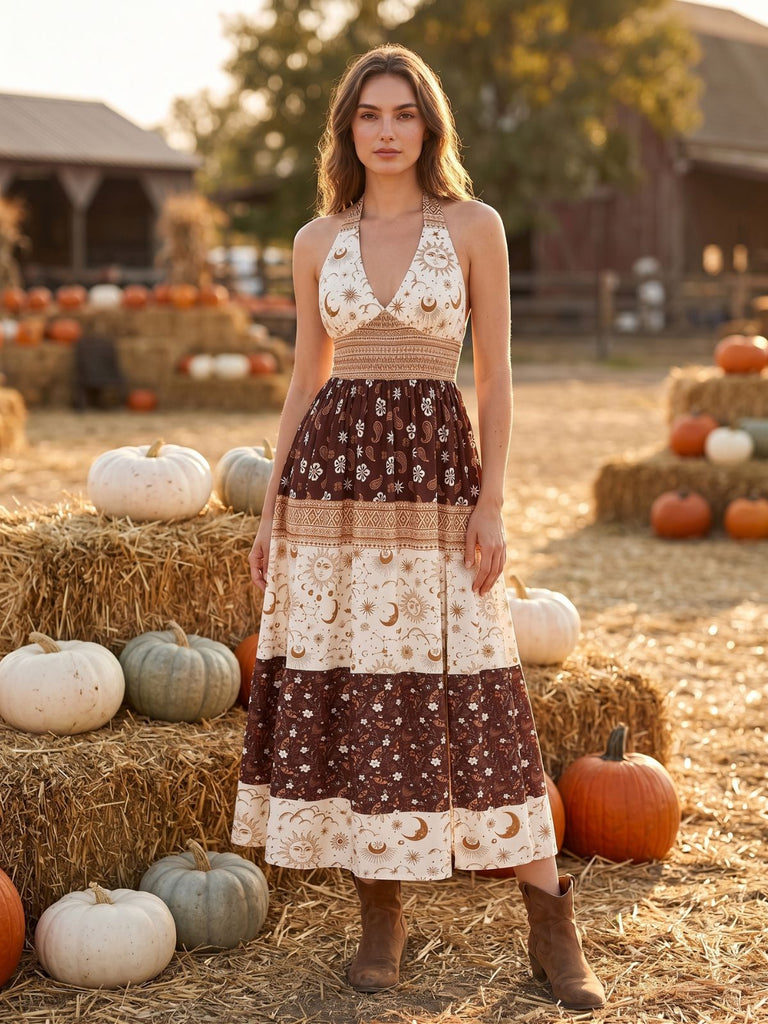 Abito Marrone Anni '70 Boho Floreale con Stelle e Luna Scollo All'americana e Corpino Arricciato 5