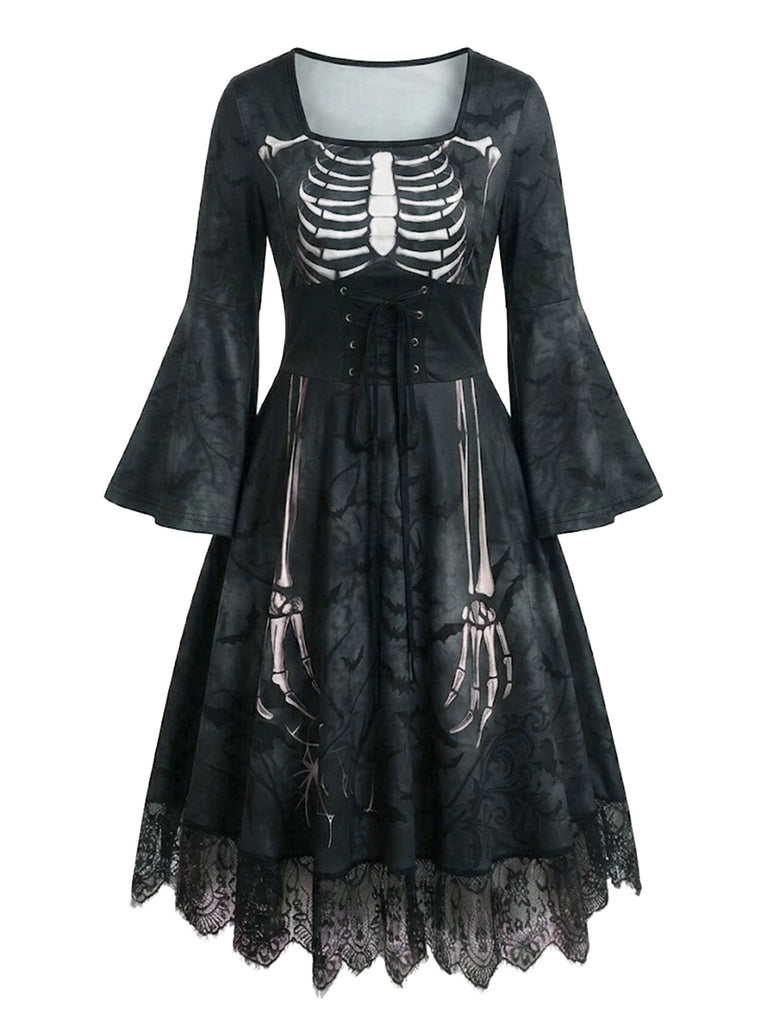 Abito Viola Anni '50 Gotico di Halloween Scheletro Bell Lungo Manica in Pizzo 9