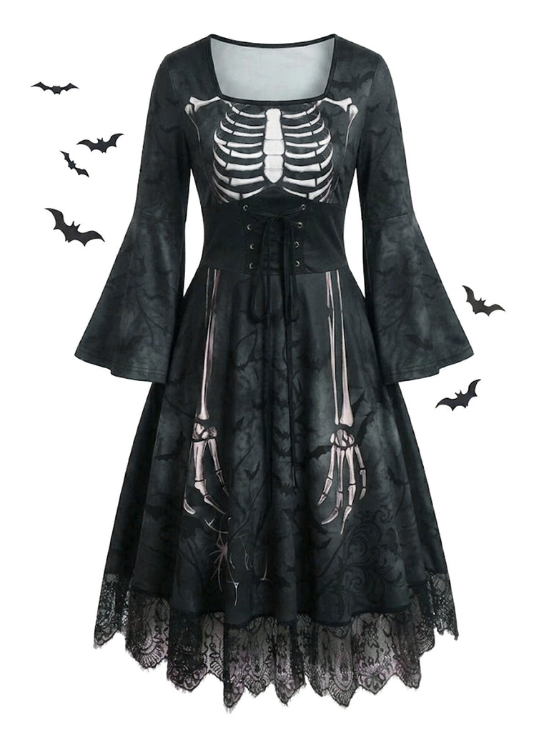 Abito Viola Anni '50 Gotico di Halloween Scheletro Bell Lungo Manica in Pizzo 10