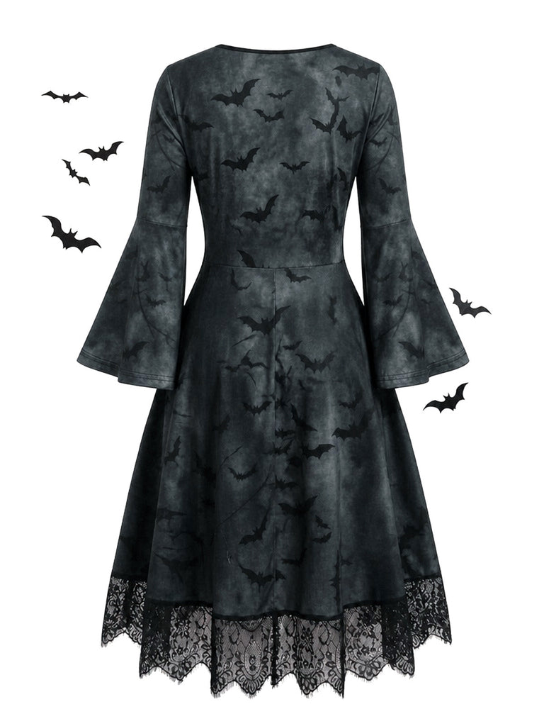 Abito Viola Anni '50 Gotico di Halloween Scheletro Bell Lungo Manica in Pizzo 12