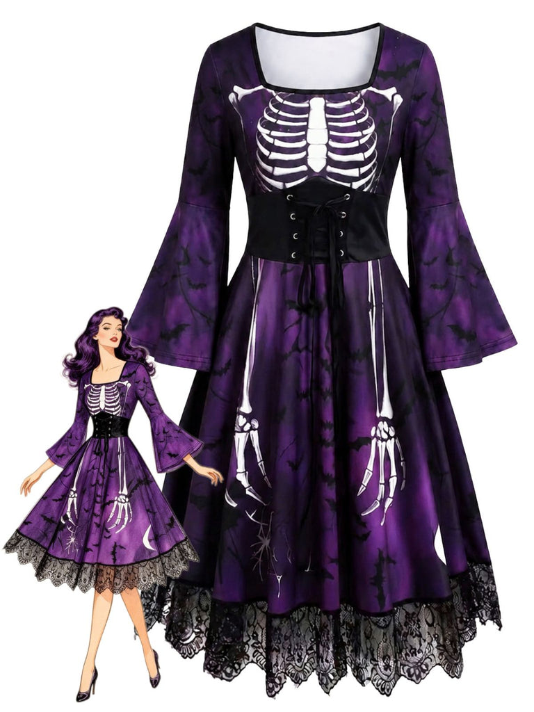 Abito Viola Anni '50 Gotico di Halloween Scheletro Bell Lungo Manica in Pizzo