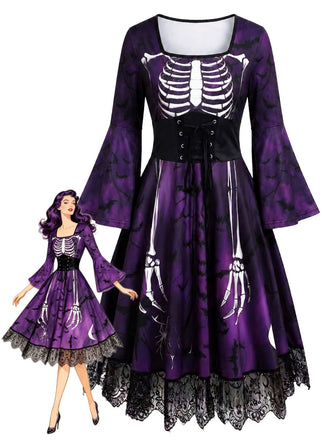 Abito Viola Anni '50 Gotico di Halloween Scheletro Bell Lungo Manica in Pizzo