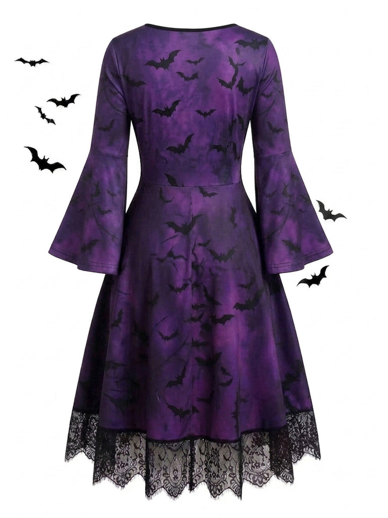 Abito Viola Anni '50 Gotico di Halloween Scheletro Bell Lungo Manica in Pizzo 5