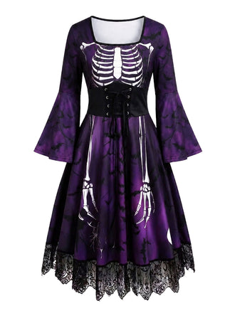 Abito Viola Anni '50 Gotico di Halloween Scheletro Bell Lungo Manica in Pizzo 2