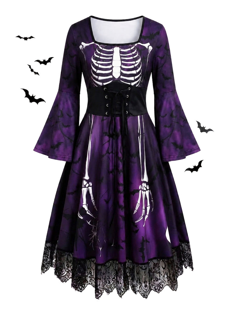 Abito Viola Anni '50 Gotico di Halloween Scheletro Bell Lungo Manica in Pizzo 4