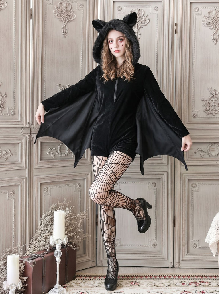 Tuta Corta Nera Anni '60 di Halloween da Pipistrello in Velluto con Cappuccio 3