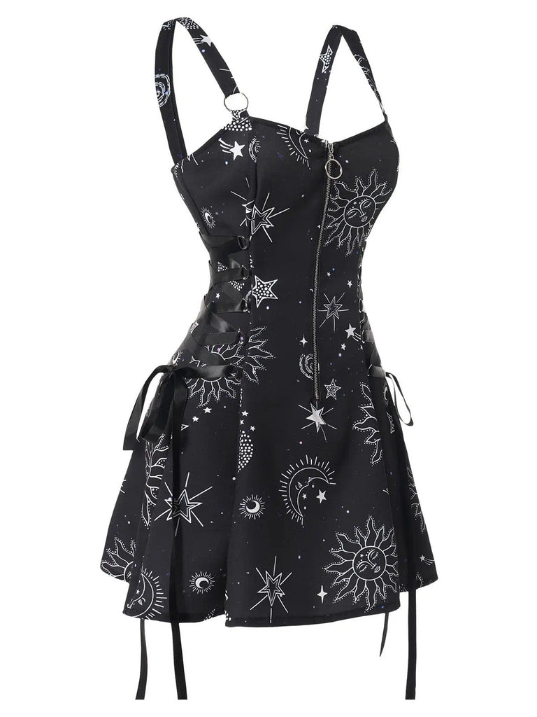 Abito Oro Anni '60 di Halloween con Stelle Luna Spalline Larghe e Linea A 8