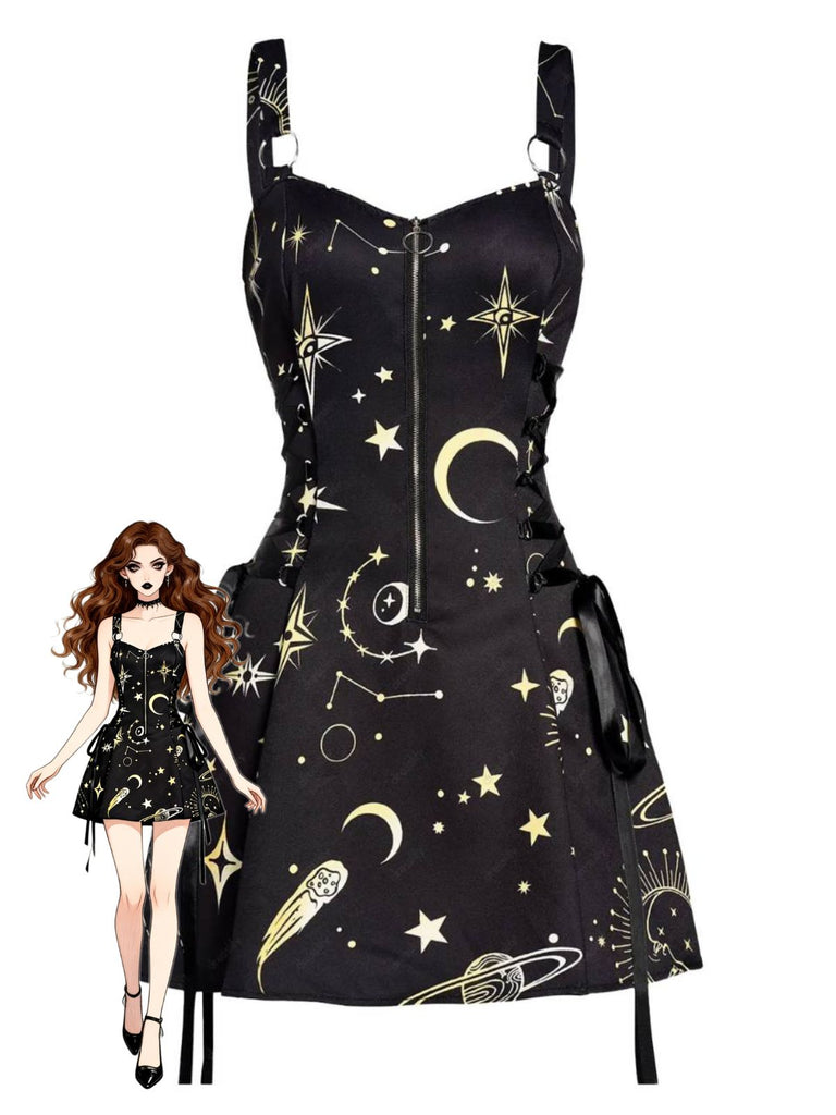 Abito Oro Anni '60 di Halloween con Stelle Luna Spalline Larghe e Linea A
