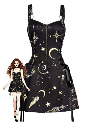 Abito Oro Anni '60 di Halloween con Stelle Luna Spalline Larghe e Linea A
