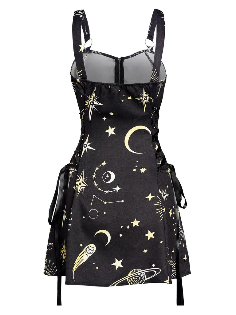 Abito Oro Anni '60 di Halloween con Stelle Luna Spalline Larghe e Linea A 4