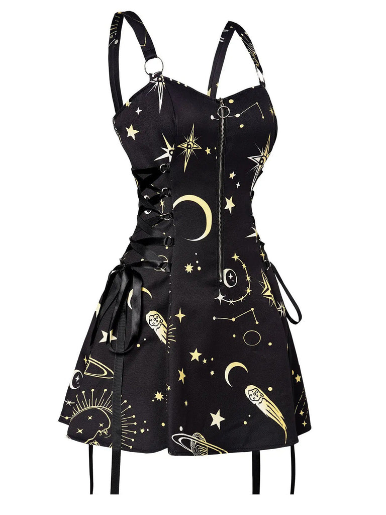 Abito Oro Anni '60 di Halloween con Stelle Luna Spalline Larghe e Linea A 3