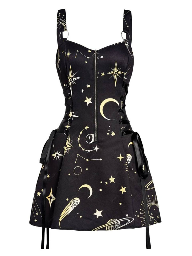 Abito Oro Anni '60 di Halloween con Stelle Luna Spalline Larghe e Linea A 2