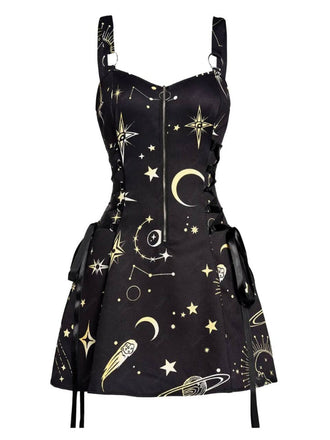 Abito Oro Anni '60 di Halloween con Stelle Luna Spalline Larghe e Linea A 2