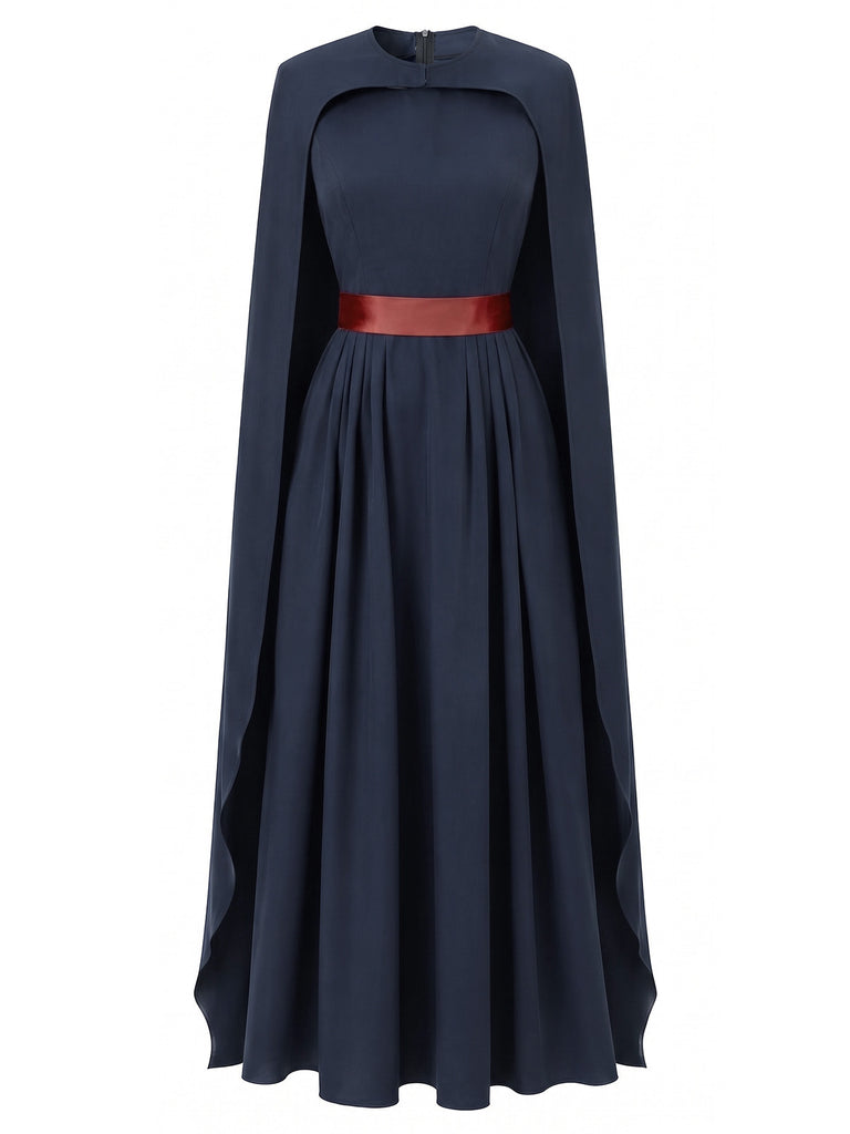 Abito da Regina Blu Navy Anni '70 con Mantella e Gonna Plissettata