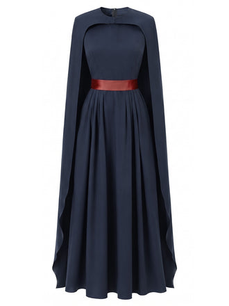 Abito da Regina Blu Navy Anni '70 con Mantella e Gonna Plissettata