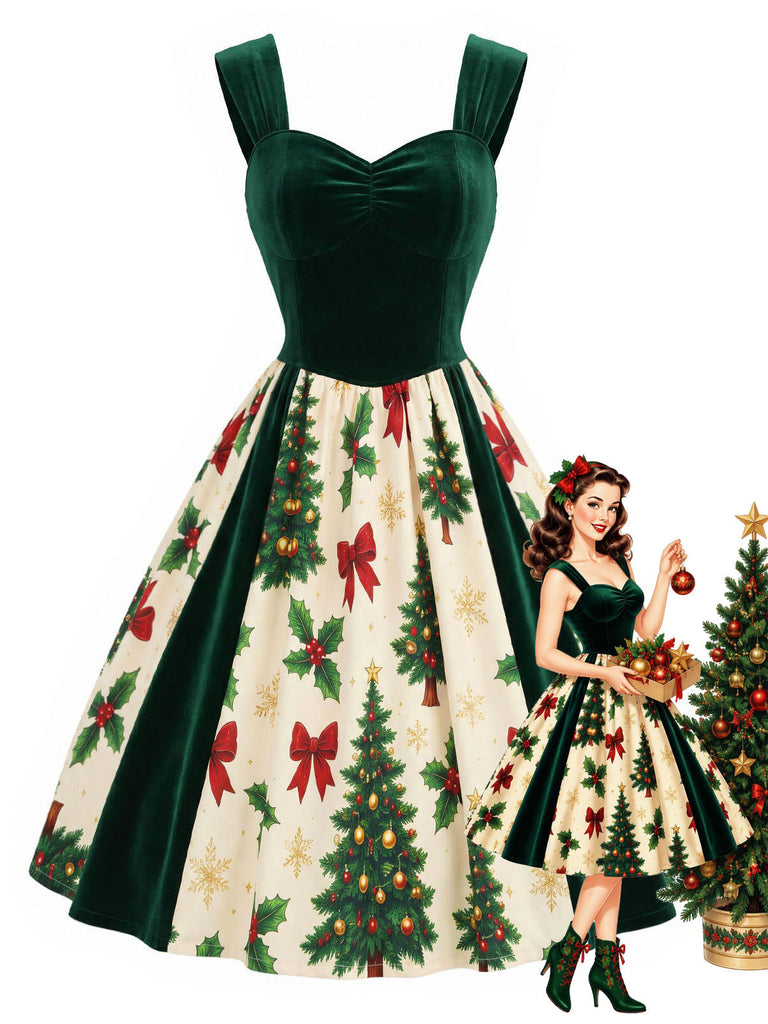 [Prevendita] Abito Verde Anni '50 in Velluto con Stampa Albero di Natale