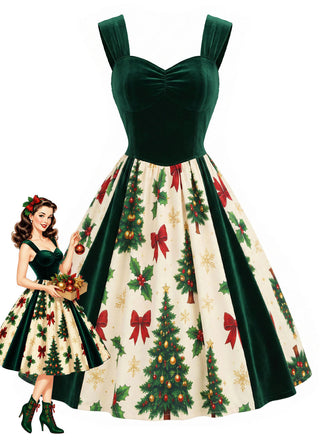 [Prevendita] Abito Verde Anni '50 in Velluto con Stampa Albero di Natale