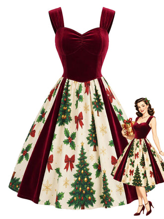 [Prevendita] Abito Bordeaux Anni '50 in Velluto con Stampa Albero di Natale