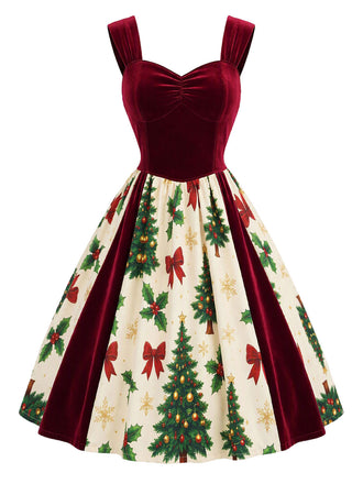 [Prevendita] Abito Bordeaux Anni '50 in Velluto con Stampa Albero di Natale