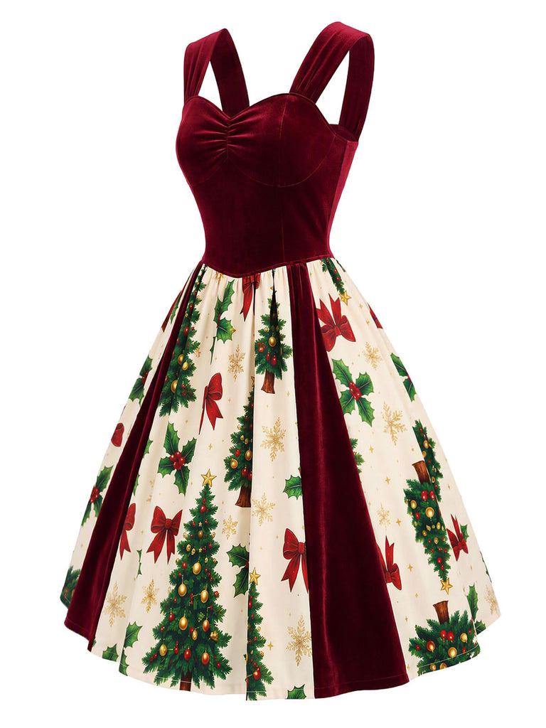 [Prevendita] Abito Bordeaux Anni '50 in Velluto con Stampa Albero di Natale