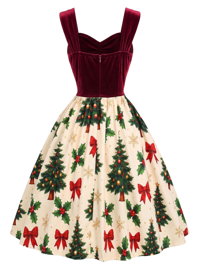 [Prevendita] Abito Bordeaux Anni '50 in Velluto con Stampa Albero di Natale