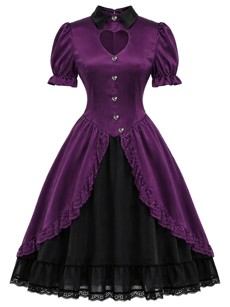[Prevendita] Abito Gotico Lolita Viola Scuro Anni '40 in Raso con Cuore Intagliato 2