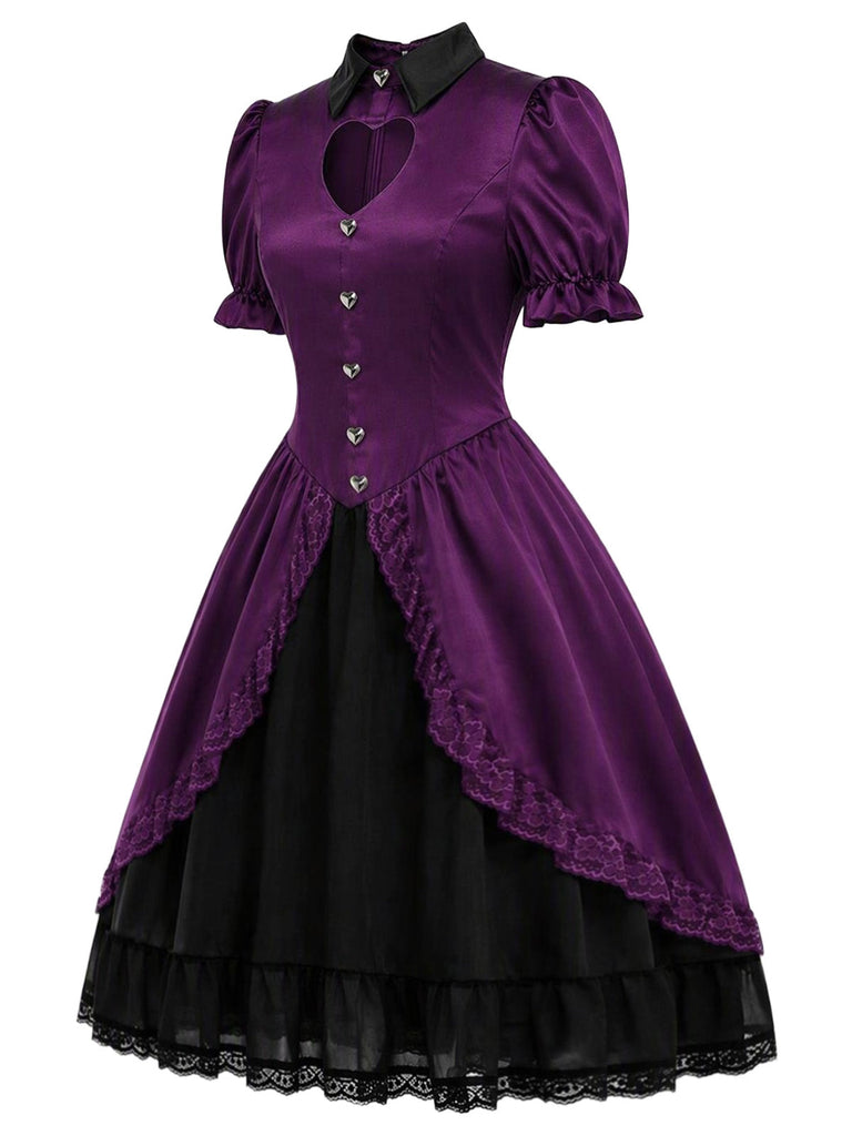[Prevendita] Abito Gotico Lolita Viola Scuro Anni '40 in Raso con Cuore Intagliato 3