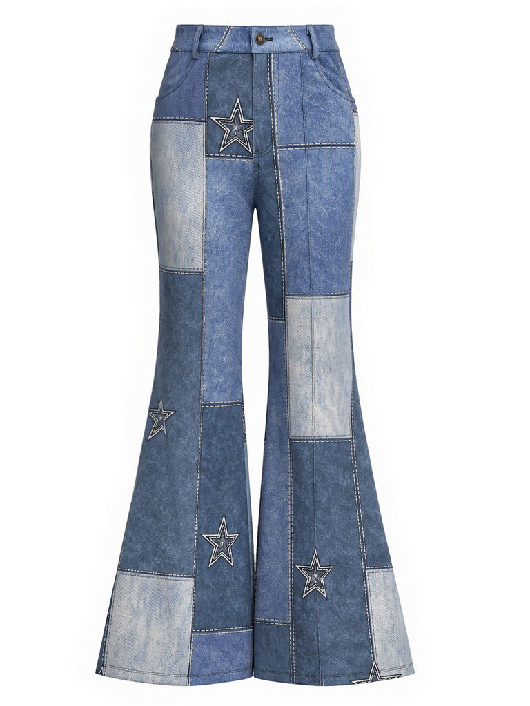 [Prevendita] Completo Anni '70 con Giacca in Camoscio Sintetico con Stelle e Frange e Pantaloni Svasati Effetto Denim