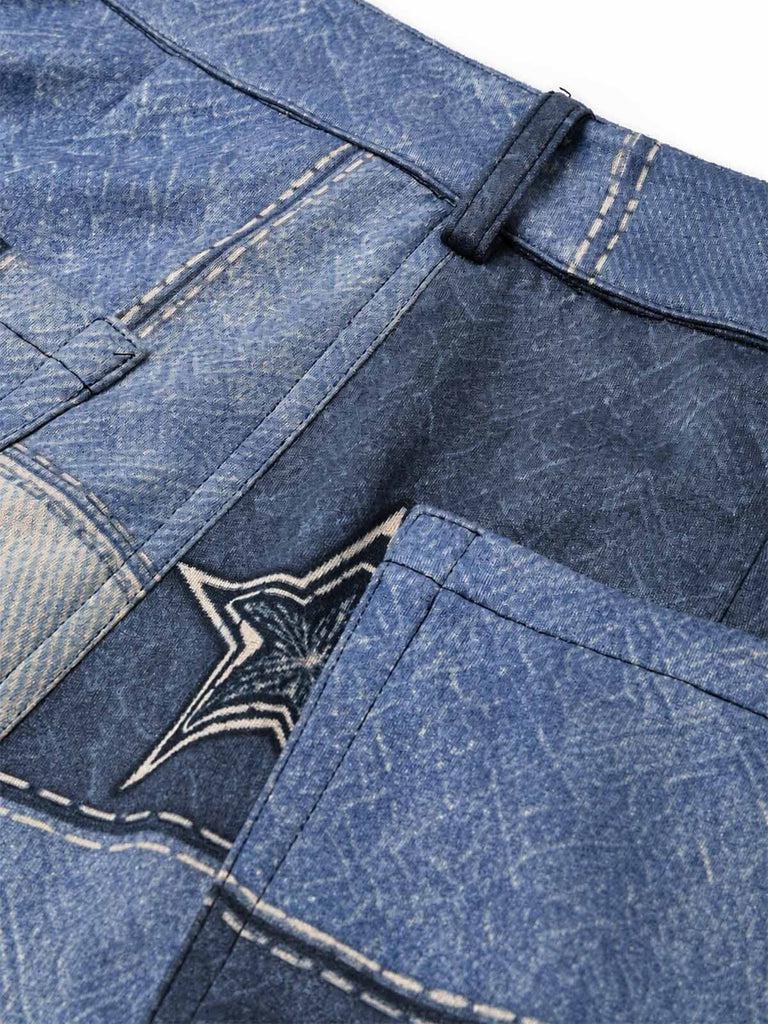 [Prevendita] Completo Anni '70 con Giacca in Camoscio Sintetico con Stelle e Frange e Pantaloni Svasati Effetto Denim