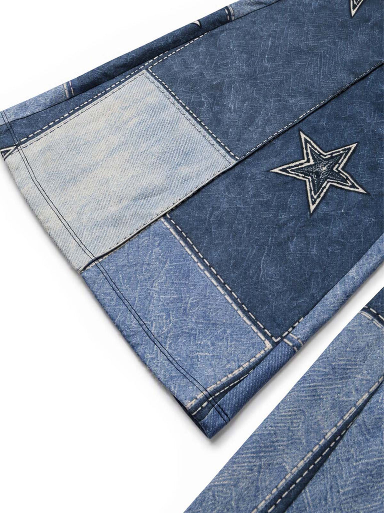 [Prevendita] Pantaloni Blu Anni '70 Svasati Effetto Denim con Stelle Patchwork