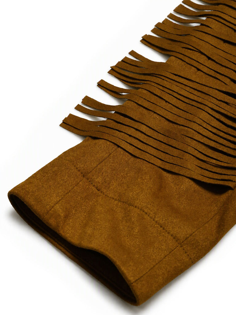 [Prevendita] Completo Anni '70 con Giacca in Camoscio Sintetico con Stelle e Frange e Pantaloni Svasati Effetto Denim
