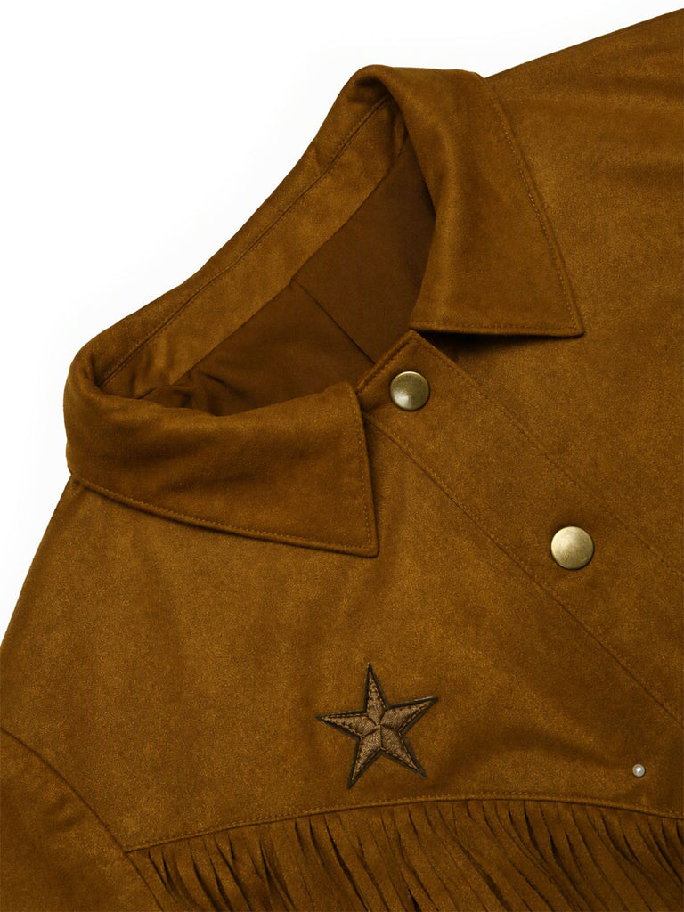 [Prevendita] Completo Anni '70 con Giacca in Camoscio Sintetico con Stelle e Frange e Pantaloni Svasati Effetto Denim