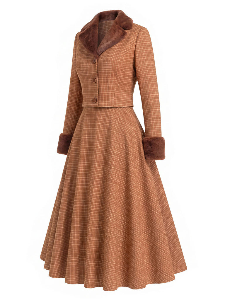 [Prevendita] 2PCS Set Marrone Anni '40 con Giacca Corta a Quadri in Ecopelliccia e Gonna 3